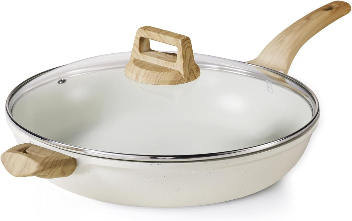 CAROTE 12.5 Inch Non Stick Frying Pan with Lid,White Granite Nonstick Skillet Omelet Pans, Egg Pan Granite Cookware, PFOS & PFOA Free