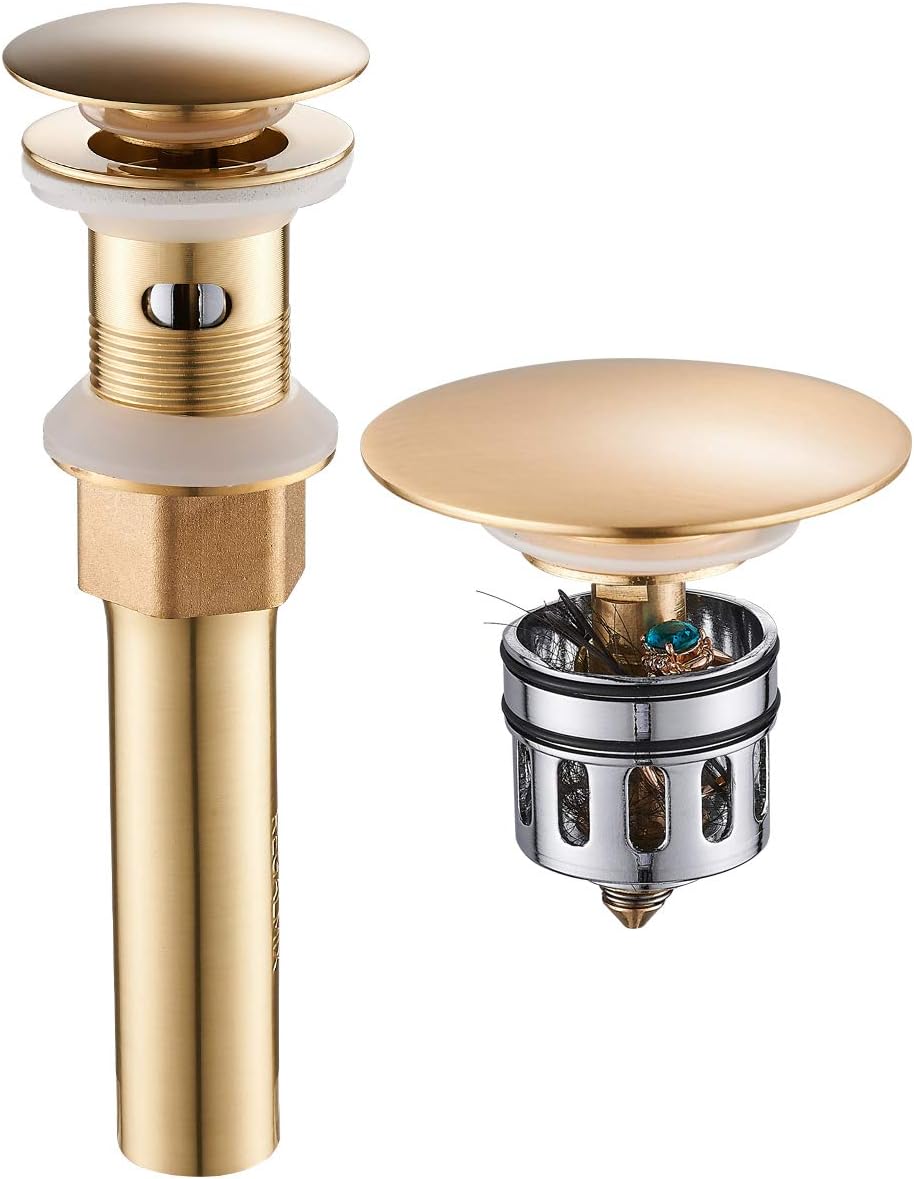 Sink Drain Brushed Brass with Overflow Bathroom Pop Up Drain Stopper Assembly Vessel Sink,Built-in Anti-Clogging Strainer, Fits Standard American Drain Hole(1-1/2" to 1-3/4") RWF083F…