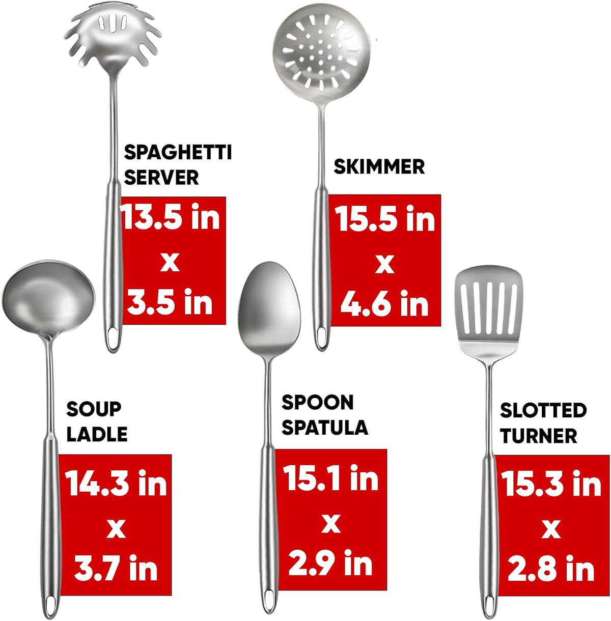 5 Pcs Newness Cooking Utensils Set, 304 Stainless Steel Kitchen Utensils Set, Metal Kitchen Accessories, Include Soup Ladle, Slotted Skimmer Spoon, Spaghetti Spoon and Spatula, Dishwasher Safe