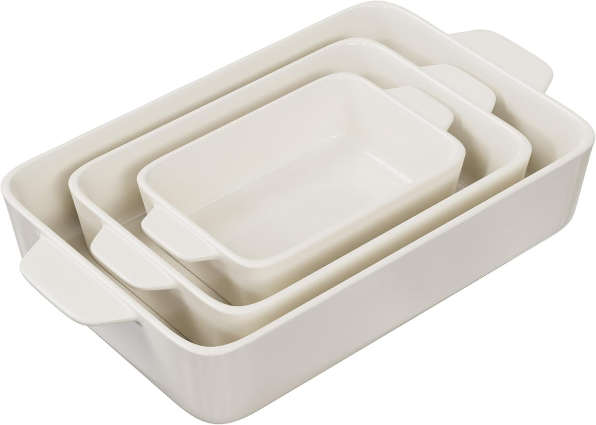 Kook Casserole Dish, Ceramic Baking Dish, Large Lasagna Pan Deep for Oven, 8.5 x 14, 11 x 7, 8 x 5, Set of 3, 92oz, 50oz, 20oz, Baking Pan with Handles, Oven Safe and Durable, Home, Gift, (Cream)