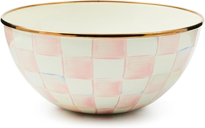 MACKENZIE-CHILDS Enamel Everyday Bowl, Serving Bowl for Entertaining, Small, Pink-and-White Rosy Check, Set of 1