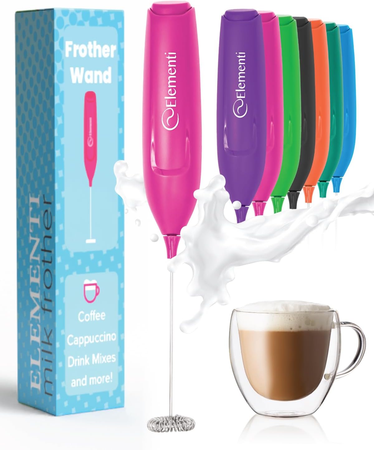 Elementi Pink Milk Frother Wand & Matcha Mixer, Mini Electric Whisk - Coffee Mixer Wand - Coffee Stirrers Electric Matcha Whisk (Hot Pink)