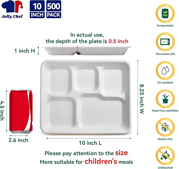 JOLLY CHEF Compostable 𝟱 Compartment Paper Plates 10*8.25*1 𝗶𝗻𝗰𝗵 [𝟱𝟬𝟬 𝗣𝗮𝗰𝗸] Small Heavy Duty Divided Disposable White Eco-Friendly Biodegradable Food Tray for School Lunch Thanksgiving Day