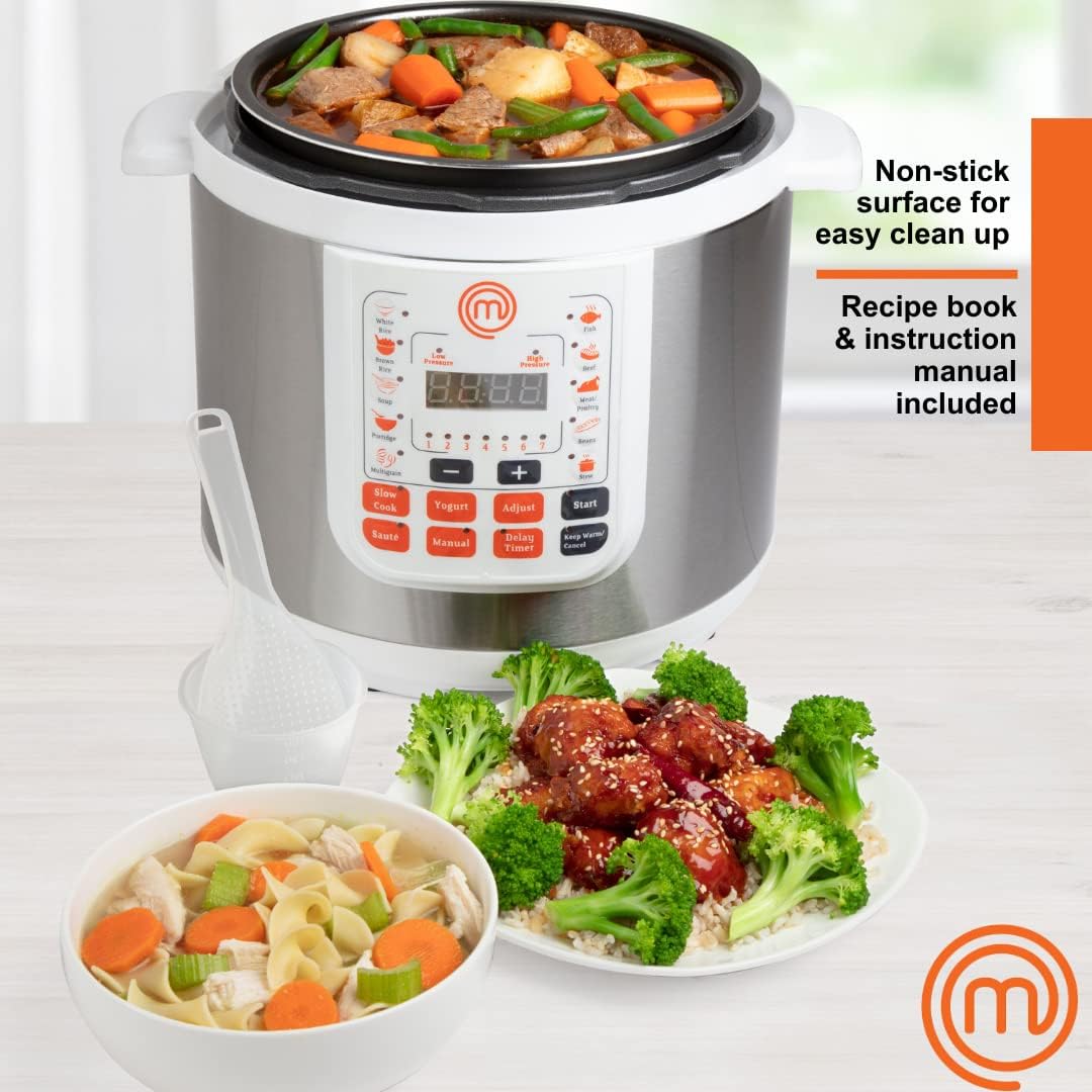 MasterChef 13-in-1 Pressure Cooker- 6 QT Electric Digital Instant MultiPot w 13 Programmable Functions- High and Low Pressure Slow Non-Stick Pot Cooking Warmer Options, LED Display, Delay Timer, Rice