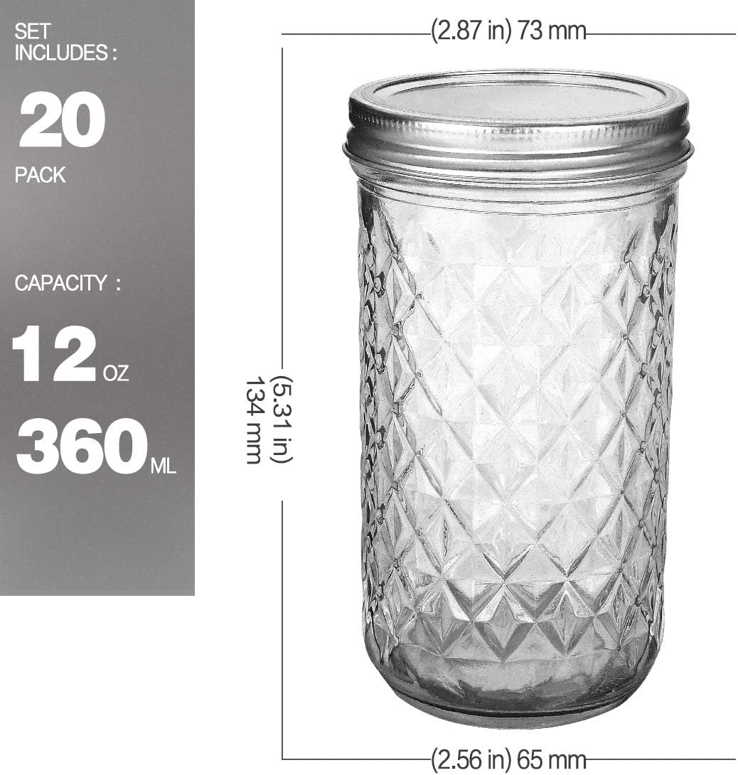 VERONES Mason Jars 12 OZ, Canning Jars Jelly Jars With Regular Lids, Ideal for Jam, Honey, Wedding Favors, Shower Favors, 20 PACK
