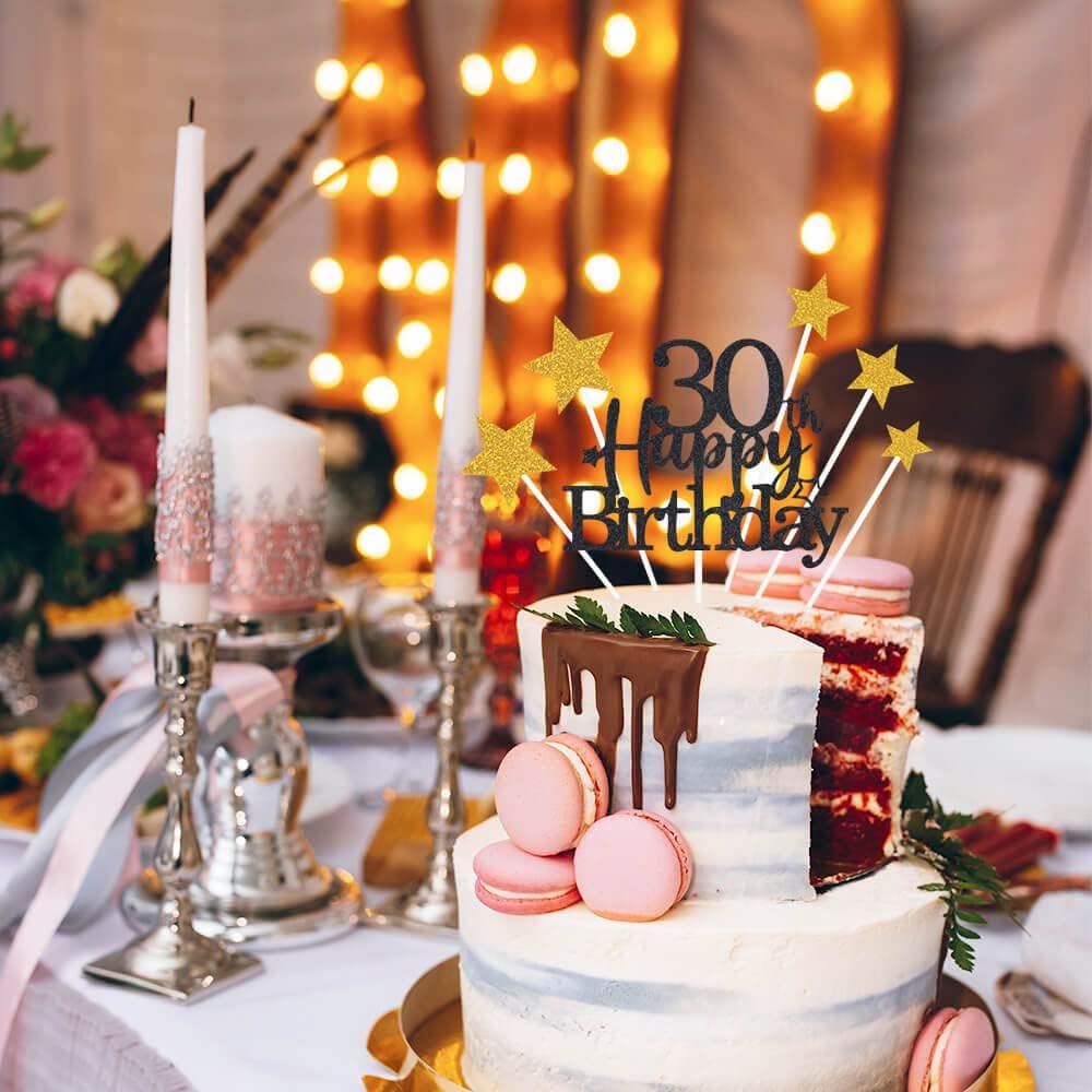 Glittery 30th Happy Birthday Cake Topper with Star,Personalised 30 Birthday Cake Toppers Party Decorations Party Supplies for Men Women Black Gold