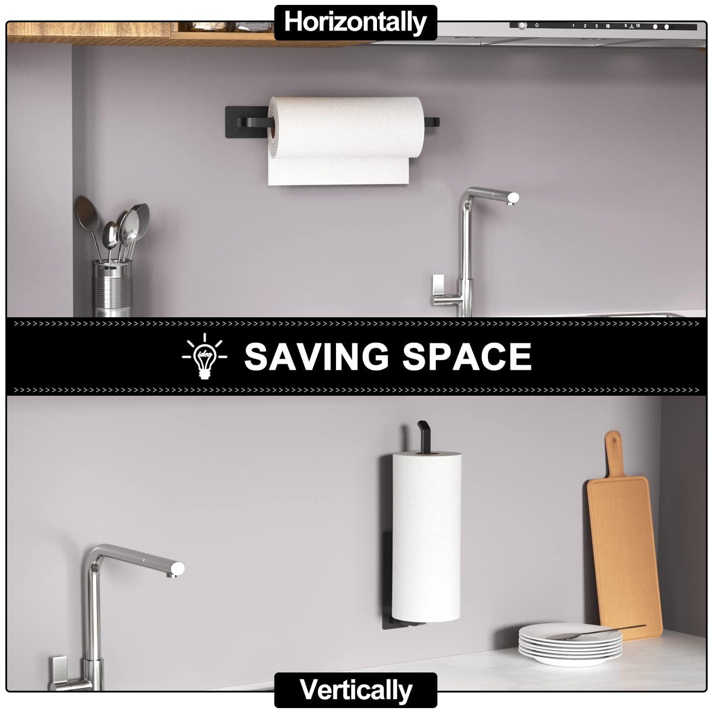 Paper Towel Holder Under Cabinet, Self-Adhesive or Drilling, Matte Black