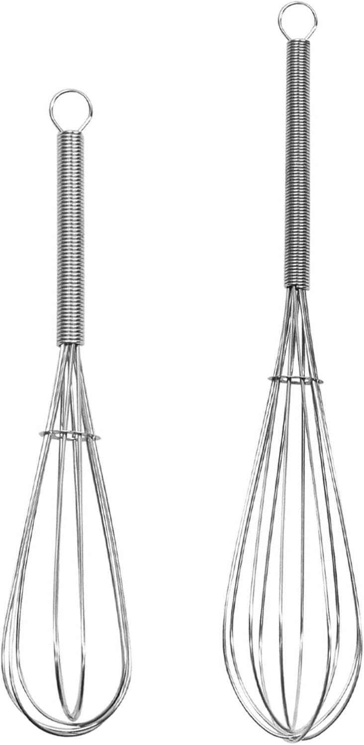 Mini Whisk 2-Pack - 8 & 10 Inch 304 Stainless-Steel Wire Whisks for Cooking, Baking, Eggs & Sauces (Heavy-Duty Ergonomic Spiral Handle, Silver)