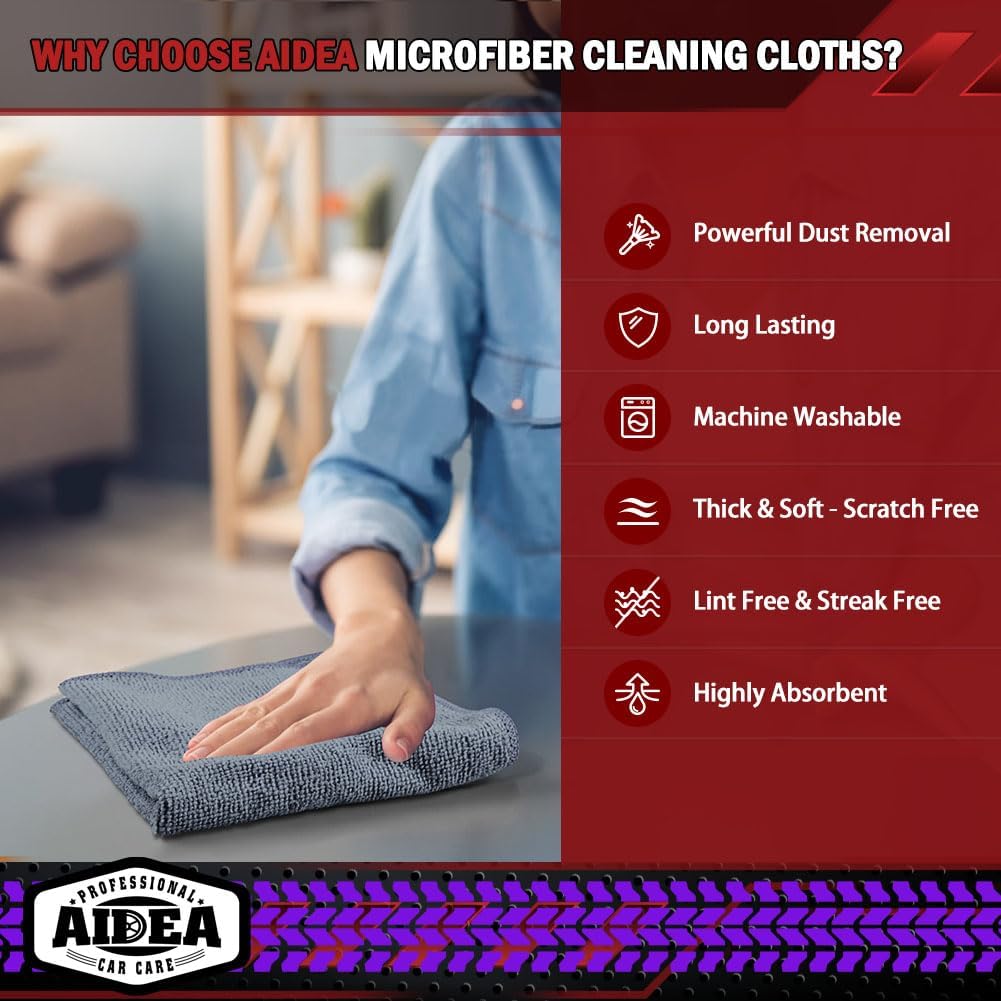 AIDEA Microfiber Cleaning Cloth Grey 50PK, Microfiber Towels for Cars, Premium Car Cloths, Dusting Cloth Lint Free Cleaning Rags for SUVs, House, Kitchen, Window, Workshops,12×12"