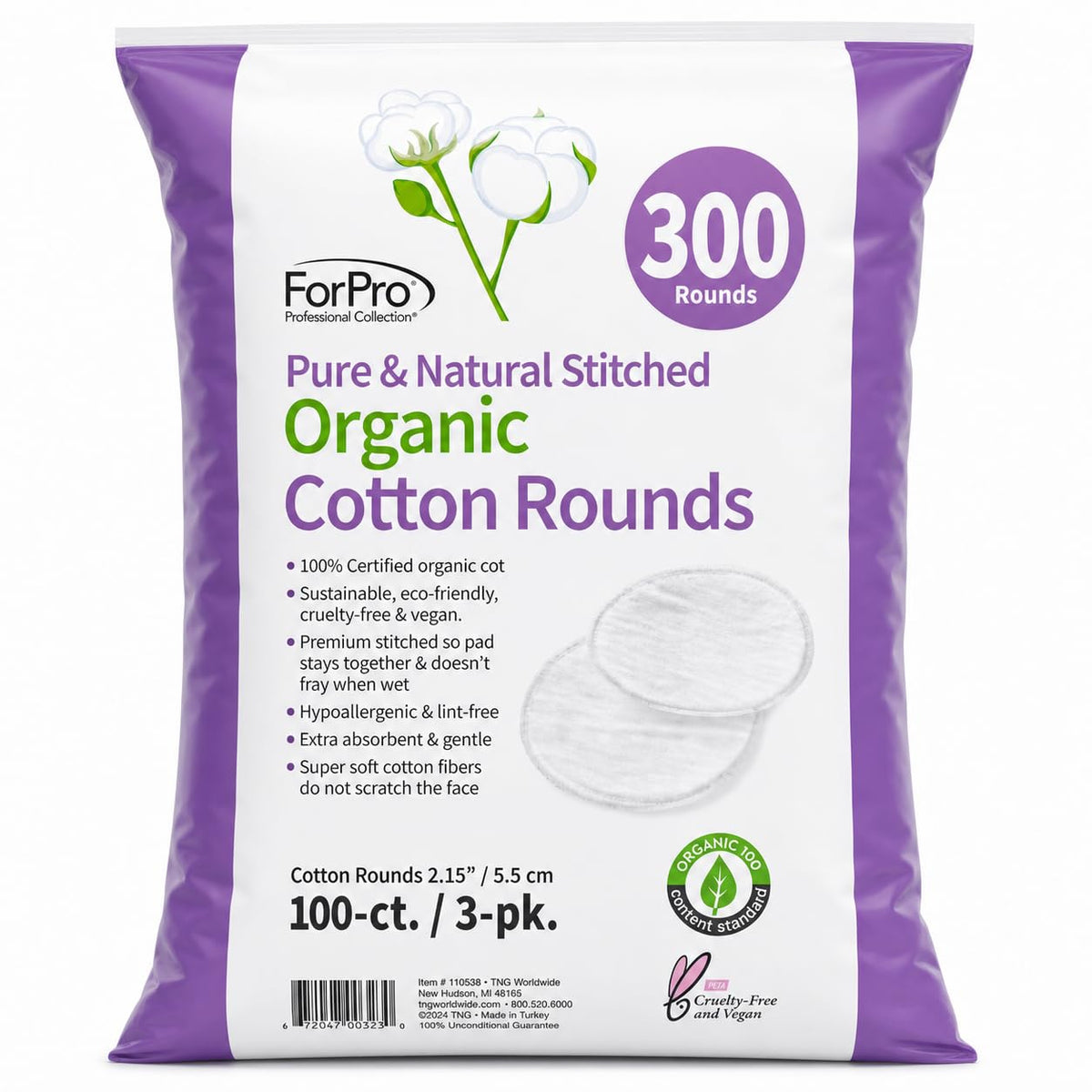 ForPro Organic Cotton Rounds for Face (300-Count) Stitched Makeup Remover Pads, 100% Certified, Lint-Free Hypoallergenic Skincare Pads for Toner, Sensitive Skin, Vegan & Cruelty-Free