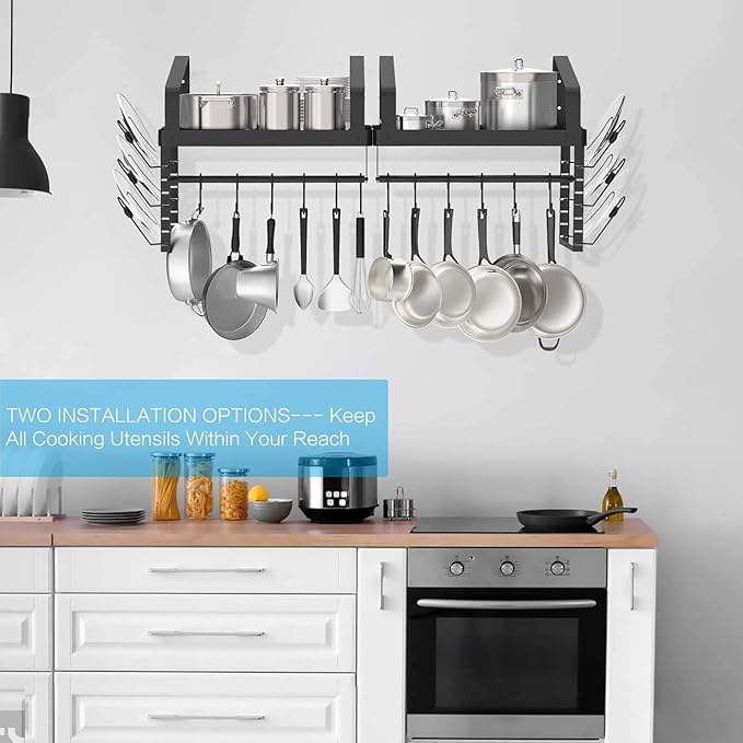 X-cosrack Pot Racks Wall Mounted Set of 2,with Towel Bar and Pots Pans Lids Organizer, Kitchen Cookware Hanging Shelves with 12 Hooks, Black
