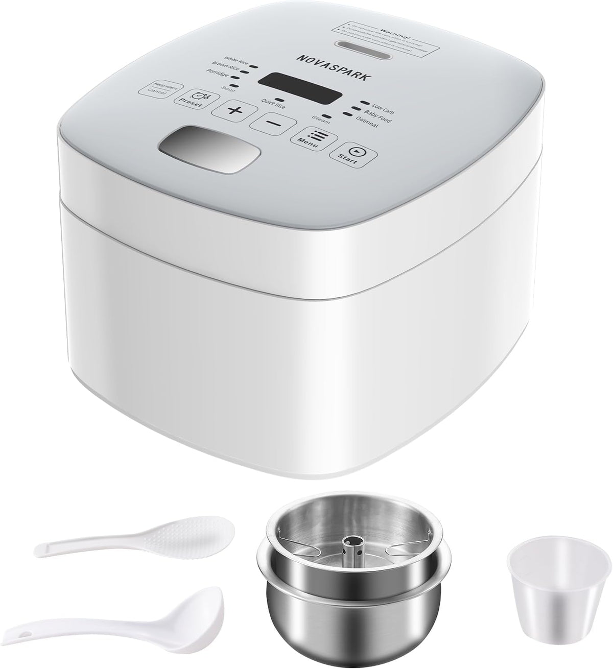 Novaspark Low Carb Rice Cooker Stainless Steel Inner Pot, Mini Stainless Steel Rice Cooker Small 5 Cup, LED Display Low Sugar Rice Maker, 24H Timer and Auto Keep Warm, White Rice/Porridge/Oatmeal, White