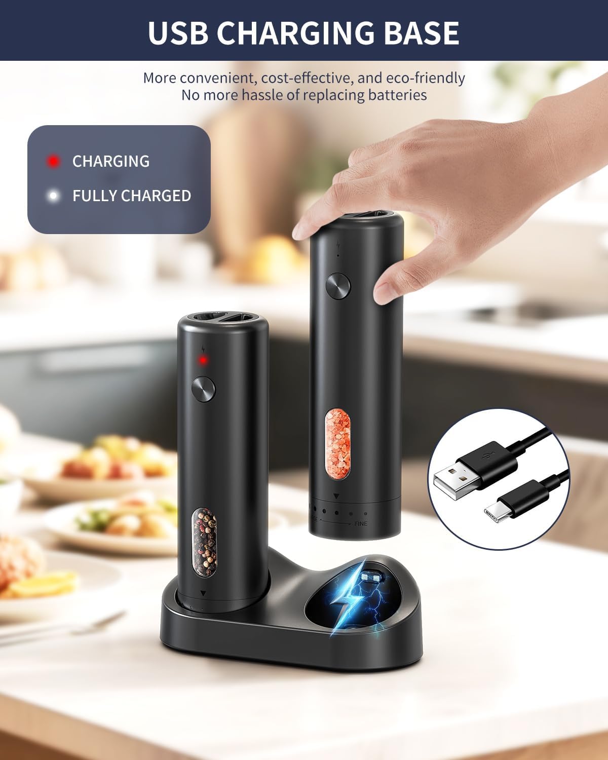 CIRCLE JOY Rechargeable Electric Salt and Pepper Grinder Set with Charging Base, Automatic Pepper Mills with 110ml Container, External Adjustable Coarseness, White Led Light, Easy to Operate, Black