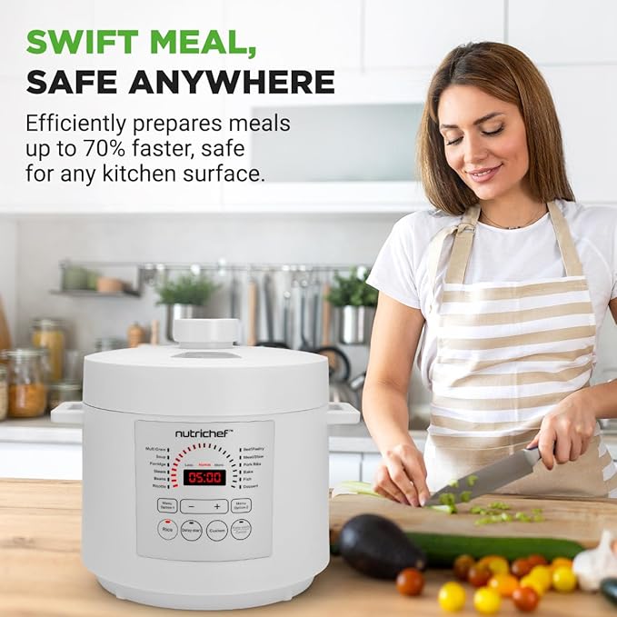 NutriChef Electric Pressure Cooker 6 Quart Capacity | 9 Function Digital Countertop Pressure Cooker | Adjustable Time & Temperature | Cook, Bake, Steam, & Braise | 13.1 x 11.4 IN | White
