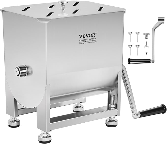 VEVOR Manual Meat Mixer, 15 Pound Capacity Tank Meat Processing Equipment, Stainless Steel Meat Mixer, Sausage Mixer Machine with Lid and Handle, Ground Beef Hand Mixer, Silver(Manual Only)