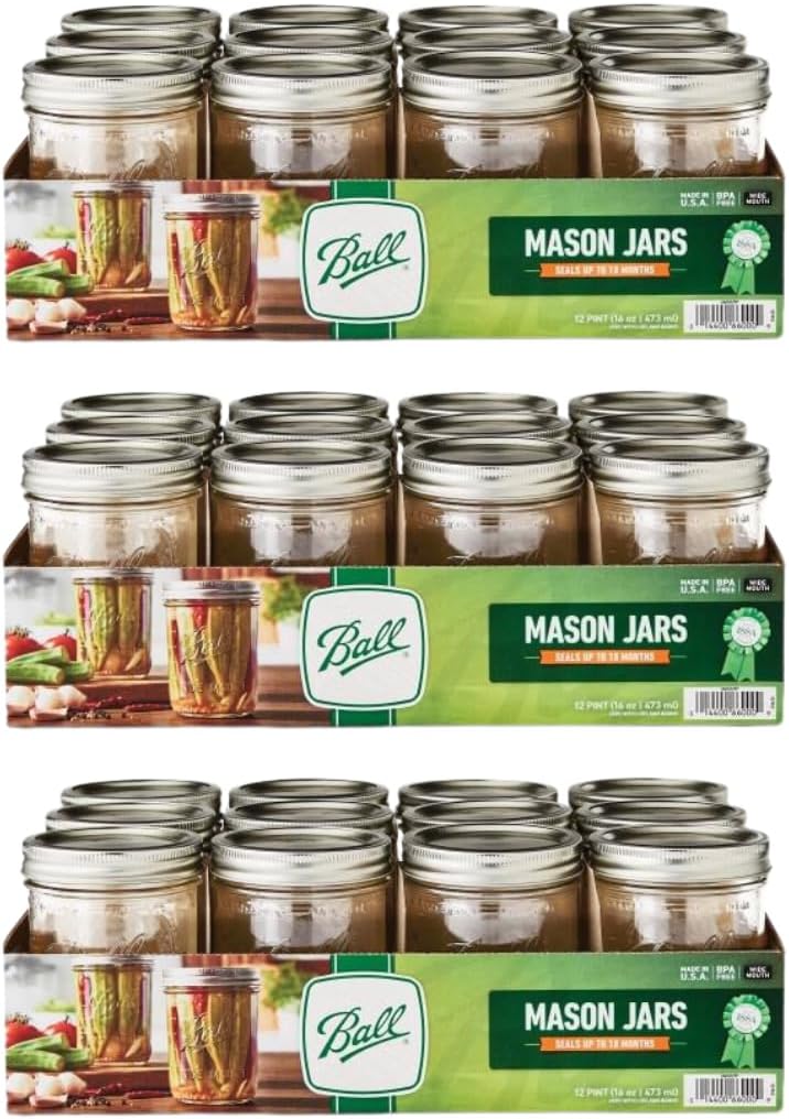 Ball Wide Mouth Glass Mason Jars with Lids and Bands, Used for Canning, Pickling, Juice, Jam, Jelly, Pint Size 16 Ounce (Pack of 36)