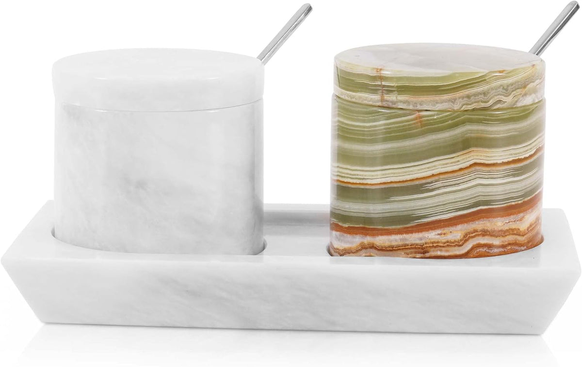 Radicaln Marble Salt Cellar With Lid and Tray 3" Inch White and Green Set of 2 Salt Container for Living Room, Ideal Salt Bowl For Kitchen countertop