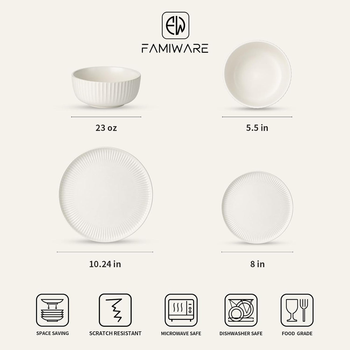 Famiware Starlight Dinnerware Sets, Plates and Bowls Dish Set of 6 (18 Pieces), Ribbed Textured Tableware - Dishwasher & Microwave Safe, Chip Resistant, Reactive Glaze, Matte Reactive White