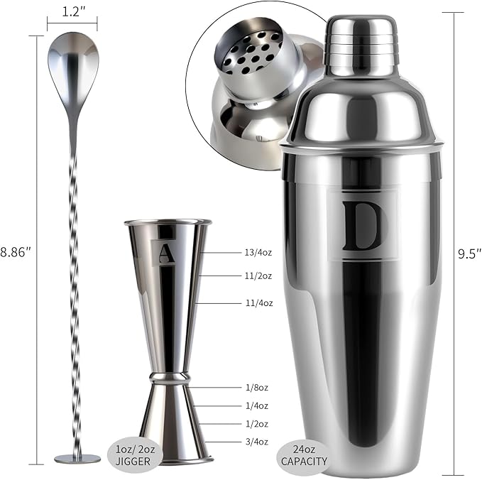 24oz Cocktail Shaker Set with 1 oz 2oz Jigger - Monogramm Initials Martini Shaker Set - 304 Stainless Steel Bar Shaker for Margarita,Mojito-Personalized Gift for Friend,Husband-K