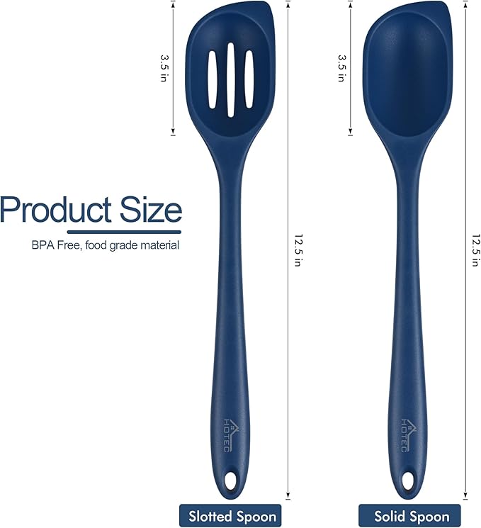 HOTEC 446°F Heat Resistant Silicone Cooking Spoon Spatula, BPA Free Large Kitchen Solid and Slotted Spoons for Mixing, Serving, Scraping, Non-stick, Dishwasher Safe Classic Blue 12.5inch