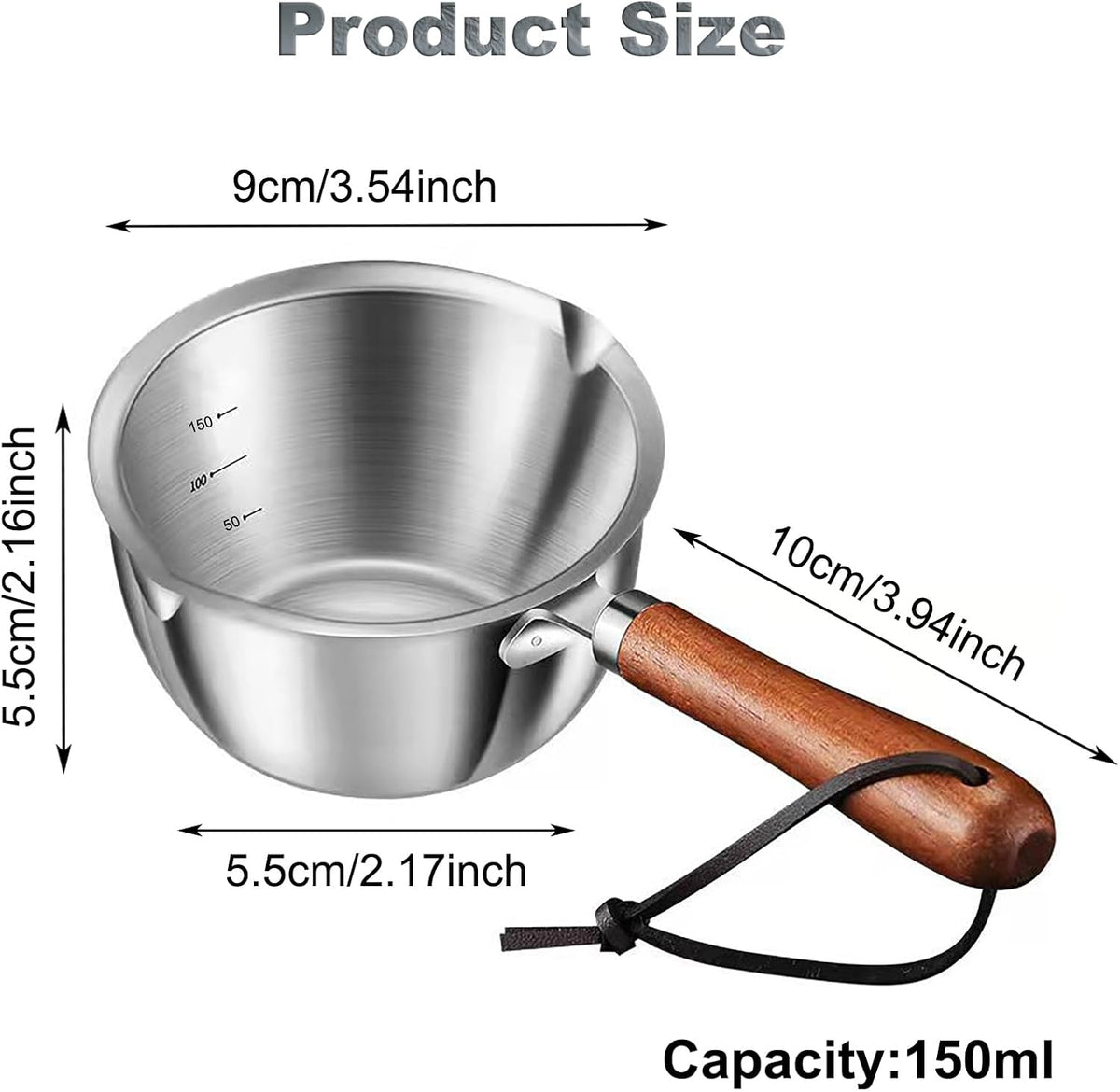 Butter Warmer Pot, Stainless Steel Milk Warmer with Wooden Handle for Seafood, Mini Butter Melting Pot Small Saucepan with Dual Pour Spouts for Stove Top Cooking (150ml)