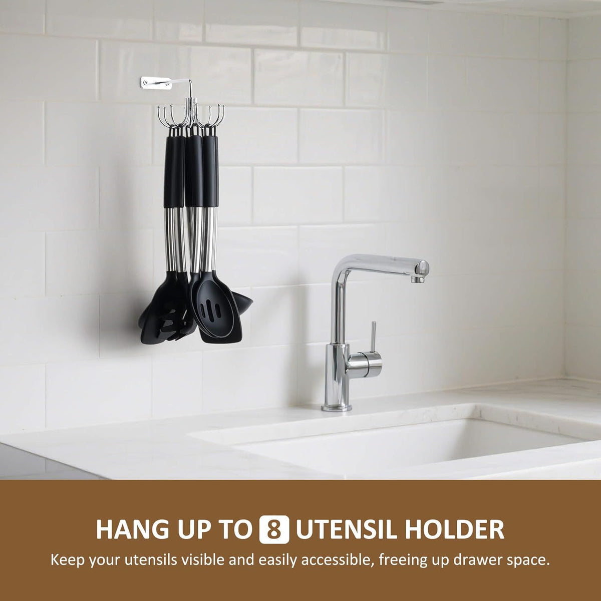 ZEDODIER Kitchen Cooking Utensil Holder, 360° Rotating Kitchen Hooks for Hanging Utensils, Heavy Duty Metal Utensil Rack with 8 Storage Capacity for Utensil, Towel, Pot, Glove, Aprons, Silver