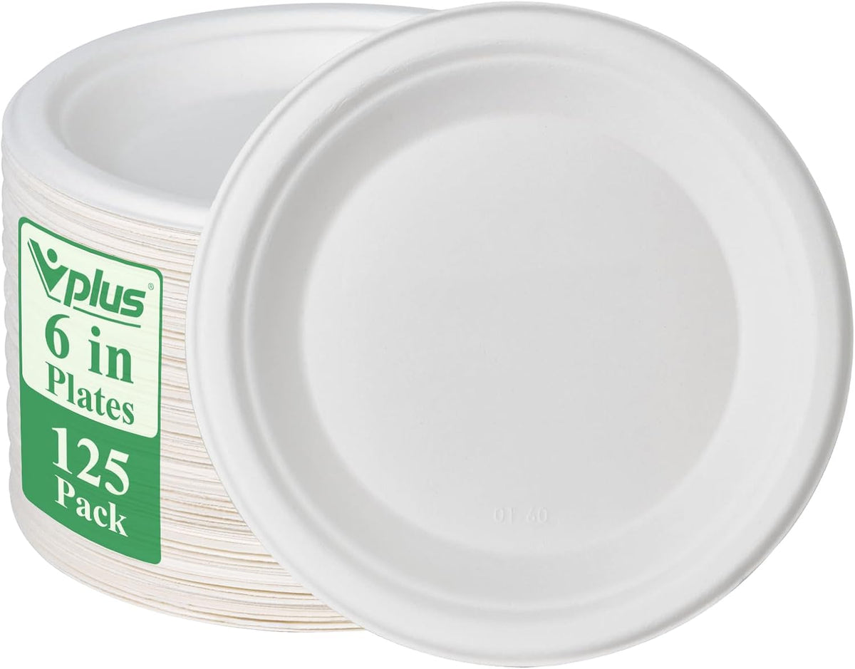 Vplus 125 Pack 6 inch Paper Plates 100% Compostable, Heavy-Duty Disposable Paper Plates Bagasse Natural Biodegradable Eco-Friendly Sugarcane（White）