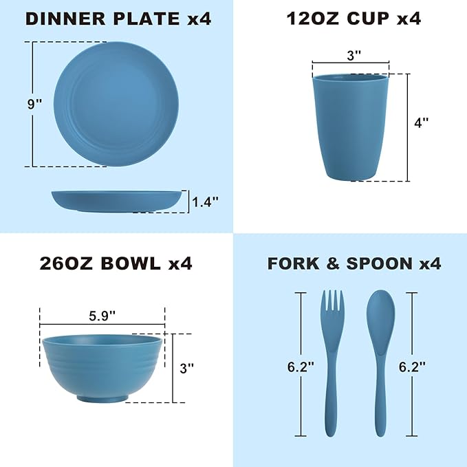 Wheat Straw Dinnerware Sets for 4, Reusable Plastic Dinner Plates, Unbreakable Kids Plates and Bowls Sets 20 PCS, Dishwasher & Microwave Safe Kitchen Camping Dorm Dish Sets- Blue