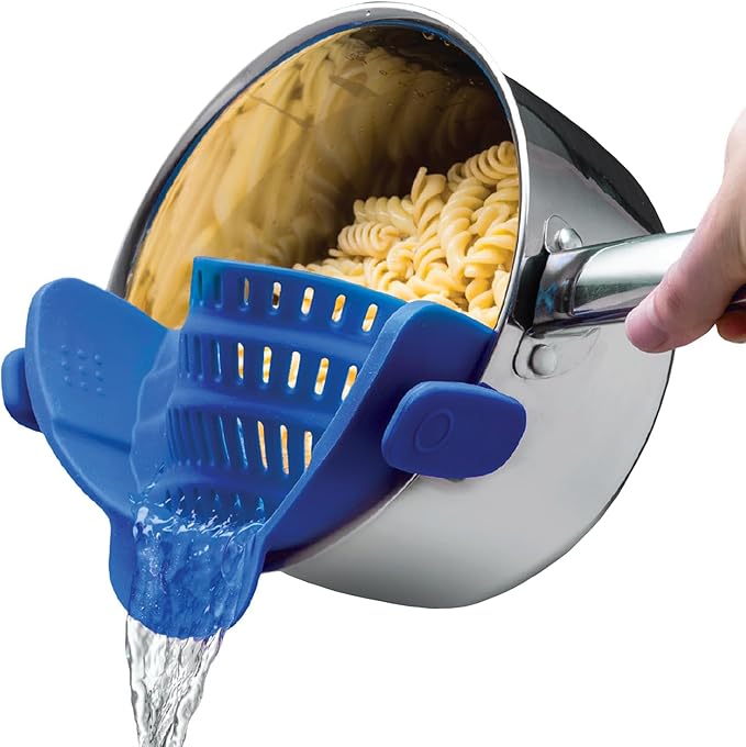 Kitchen Gizmo Snap N' Strain - Silicone Clip-On Strainer for Pots, Pans, and Bowls - Heat-Resistant Kitchen Gadgets, Essential Colander Drainer for Vegetables and Pasta - 7.87x2.76x4.53-Inch (Blue)