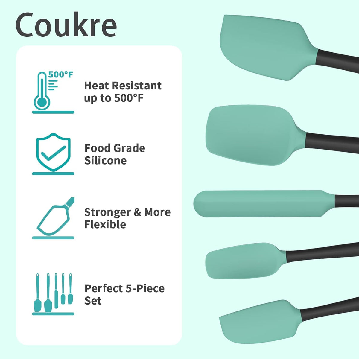 Coukre Silicone Spatula Set of 5,High Temperature Resistant, Food Grade Silicone, Dishwasher Safe, for Baking, Cooking (Aqua Green Black, Split-type)