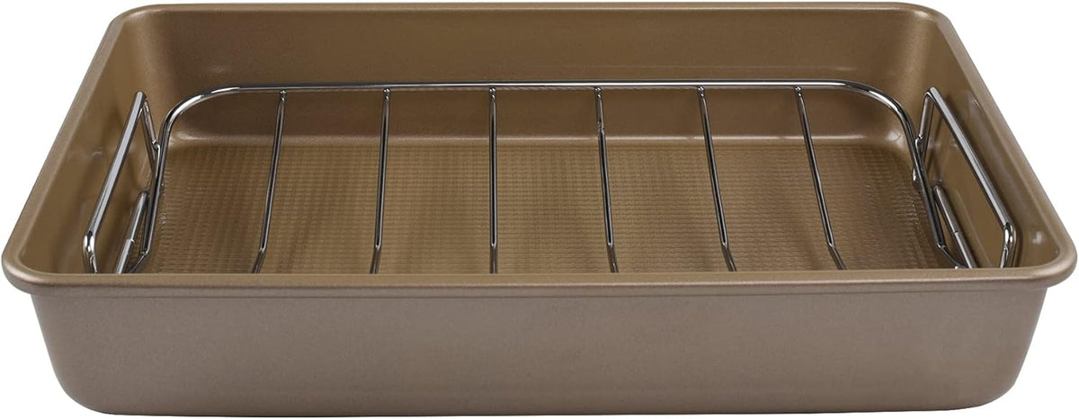 KitCom Bakeware Nonstick Carbon Steel Roaster with Flat Rack and V-Rack, 0.8MM Thickness Textured Base, Champagne Gold