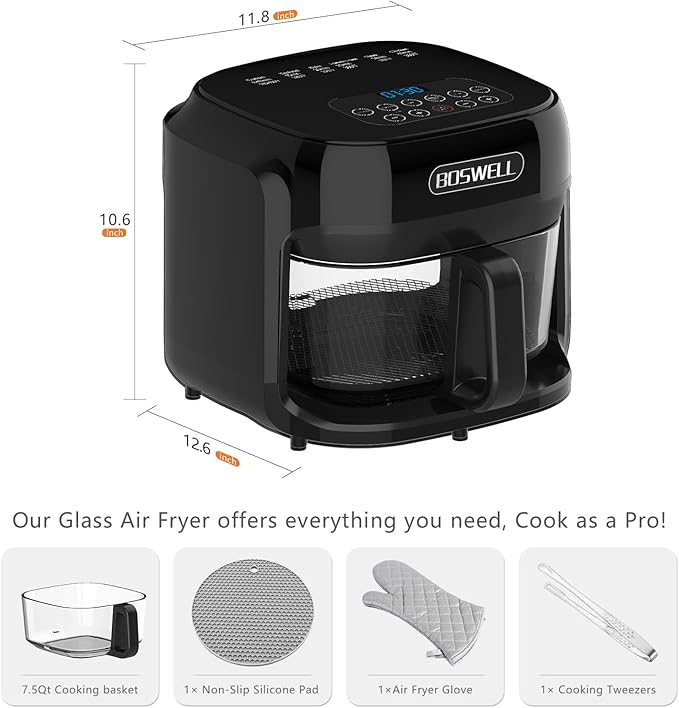 BOSWELL Glass Air Fryer, 7.5QT with Transparent Fry Bowl, Circulating Heating, Temperature Control, Air Fryer Roast, Dishwasher Safe