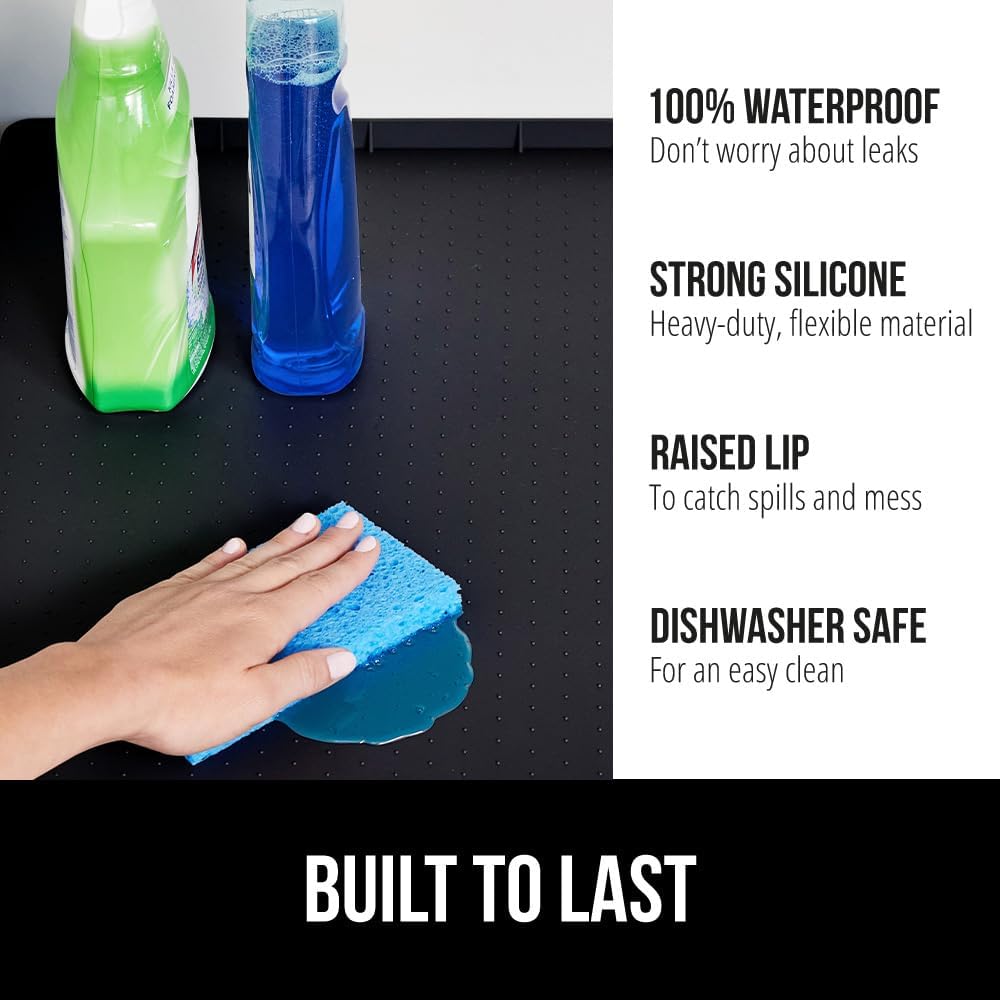 GORILLA GRIP Waterproof Silicone Under Sink Mat with Raised Lip for Kitchen and Bathroom, 34 x 22 in, Cabinet Shelf Liner Stay in Place Mats Dishwasher Safe Drawer Liner, Organizer Tray, Black
