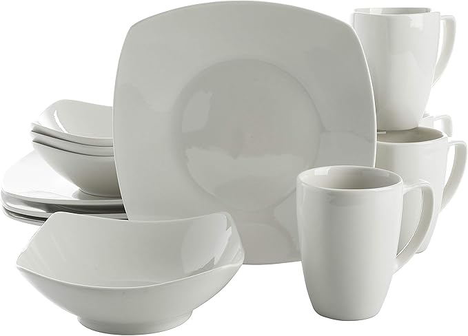 Gibson Home Amelia Court Porcelain Chip and Scratch Resistant Dinnerware set, Service for 4 (12pcs), White (Soft Square)