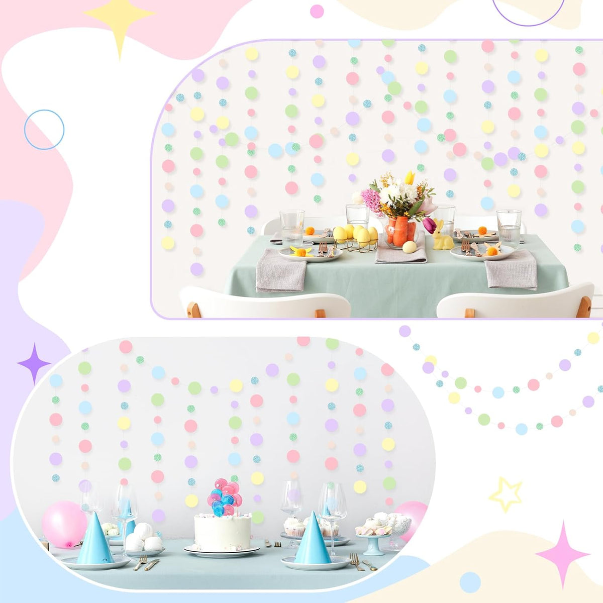 Outus 10 Pieces Colorful Dots Paper Garland Round Glitter Garland Hanging Confetti Streamers Backdrop Decoration for Birthday Classroom Candy Sprinkles Trunk or Treat Party (Pastel)