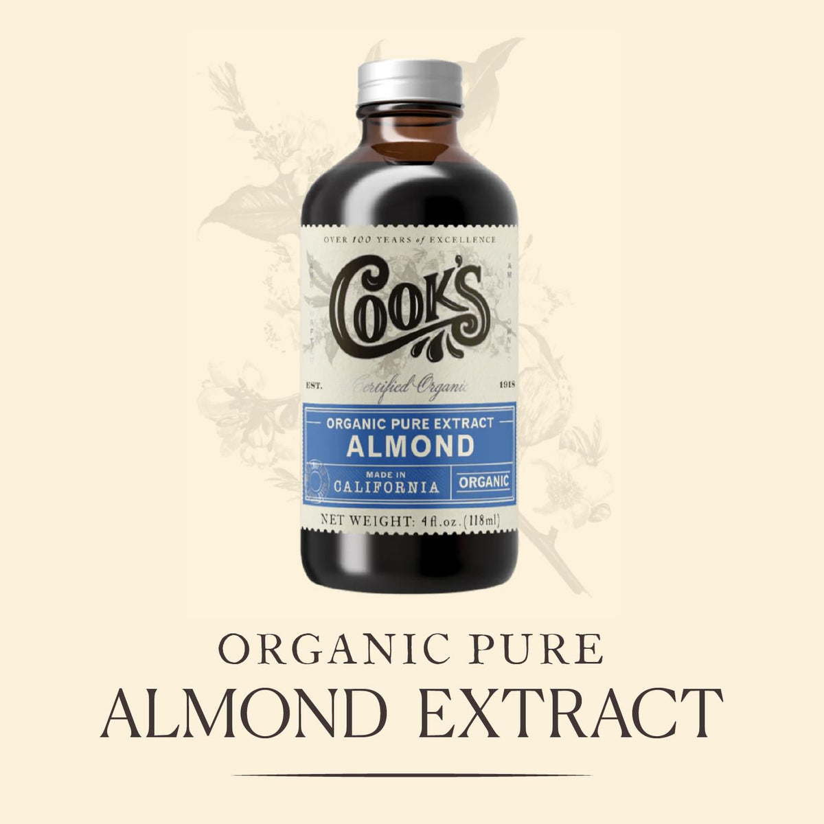 Cook's, Organic Pure Almond Extract, for Cookies, Cakes, Pastries, Allergen Free, 128 Ounces (1 Gallon)