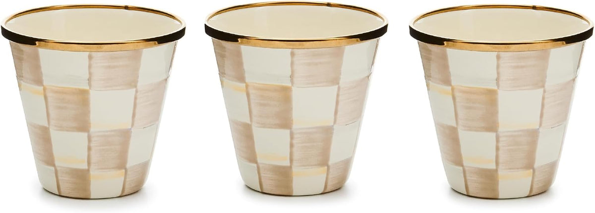 MACKENZIE-CHILDS Enamel Herb Pots, Small Plant Pots for Herbs or Flowers, Set of 3, Brown-and-White Mocha Check