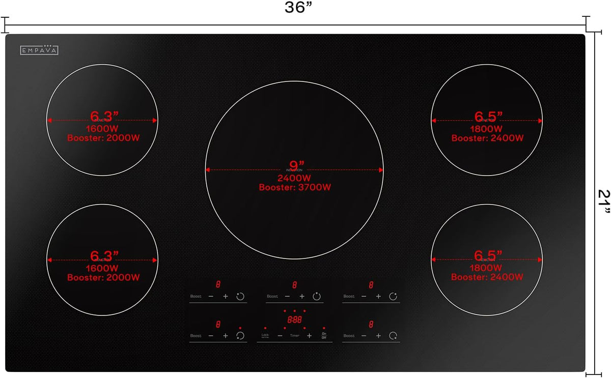 Empava 36 Inch Electric Induction Cooktop Built-in, 5 Zone Smooth Glass Surface, Touch Sensor Panel Power Boost, Timer Control, Child Lock Feature, Hardwired Kitchen Appliance