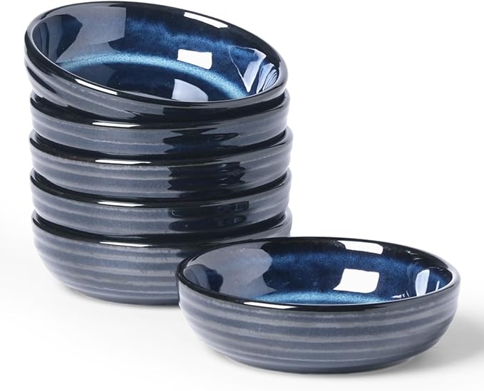 famiware Pluto Soy Sauce Dishes of 6, 3 oz Dipping Sauce Cups/Bowls/Dishes for Kitchen, Ceramic Small Bowls for Side Dish, Appetizers, Snacks, and Sushi, Reactive Glaze, Nebulas Blue