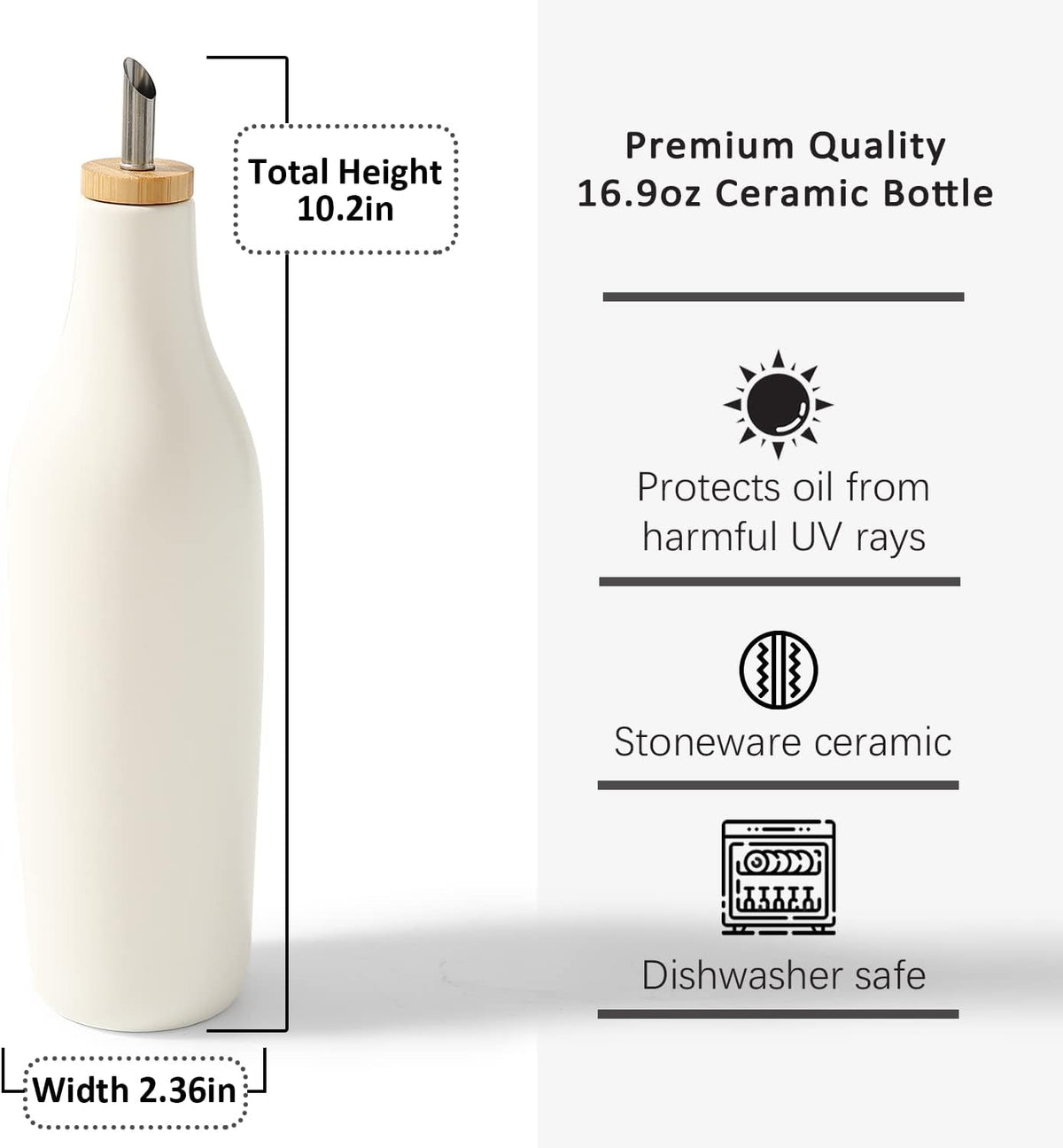 HOMCDALY Ceramic Olive Oil Dispenser for Kitchen, Stoneware 16oz Oil and Vinegar Bottles Dispenser, Kitchen Dispenser Bottle for EVOO Vinegar Syrups, Modern Farmhouse Design(W)