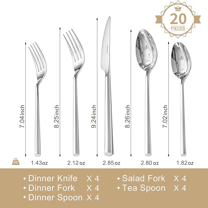 KINGSTONE 20-Piece Silverware Set, 18/10 Stainless Steel Flatware Cutlery Set with Hexagon Handle, for Hotel, Home, Party, Wedding Gift, Mirror Polish and Dishwasher Safe