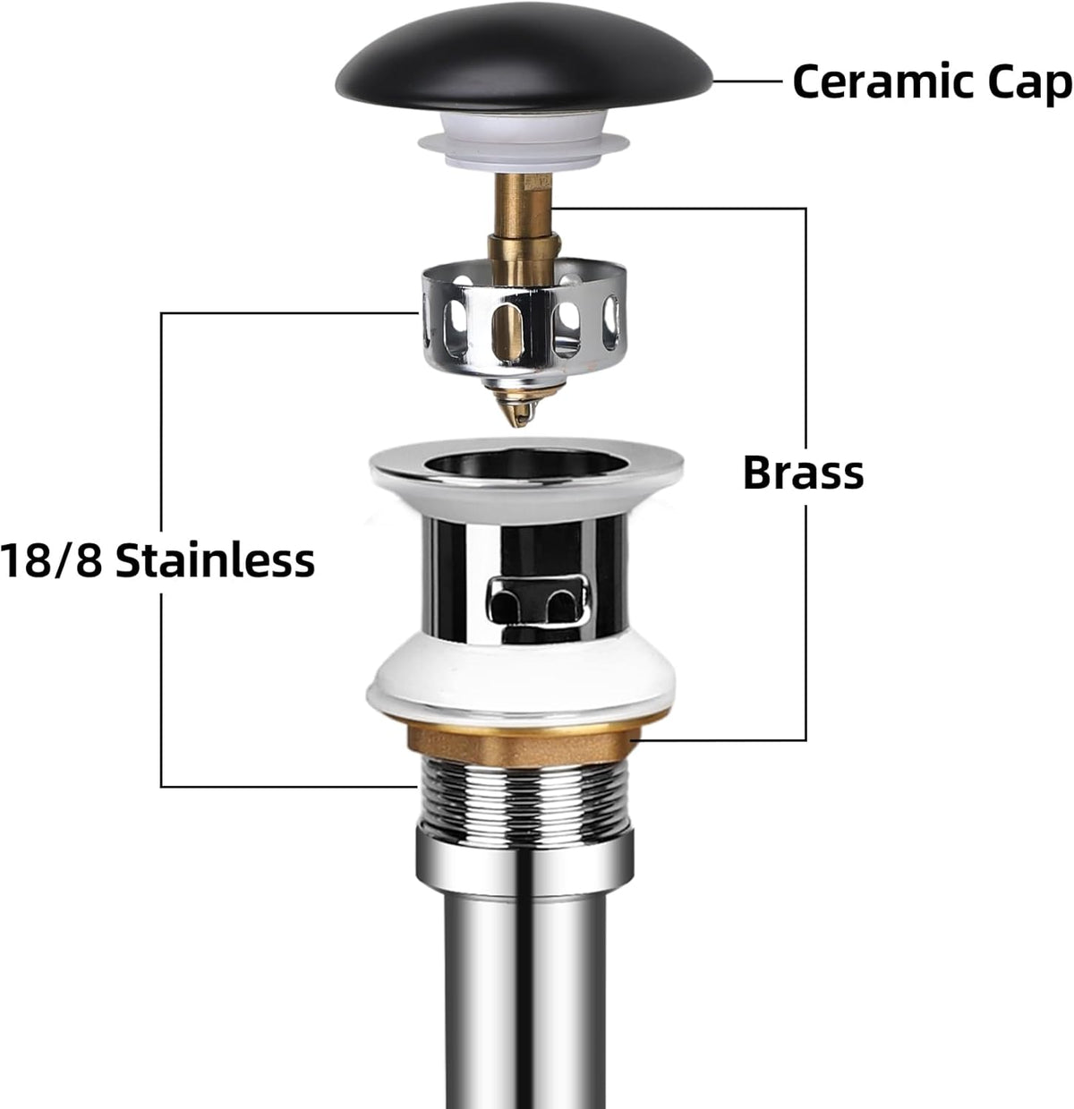 Bathroom Sink Drain with Overflow, Ceramic Cap Pop Up Drain Stopper, Rustproof Brass and 304 Stainless Steel, Black
