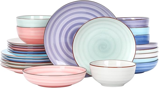 Selamica Ceramic Plates and Bowls Set, 24 Pieces Dinnerware Sets for 6, Scratch Resistant Dishes Set, Handpainted Swirl with Spot Dishwasher & Microwave Safe, Gradient Color