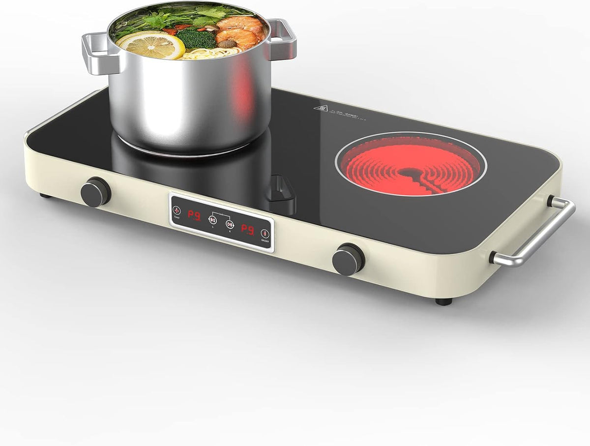 2200W Electric Cooktop 2 Burners: 12 Inch Portable Hot Plate Electric Stove Top - 110V/120V Double Burner Countertop with Timer, Knob Control, 9 Heating Levels, for All Cookware