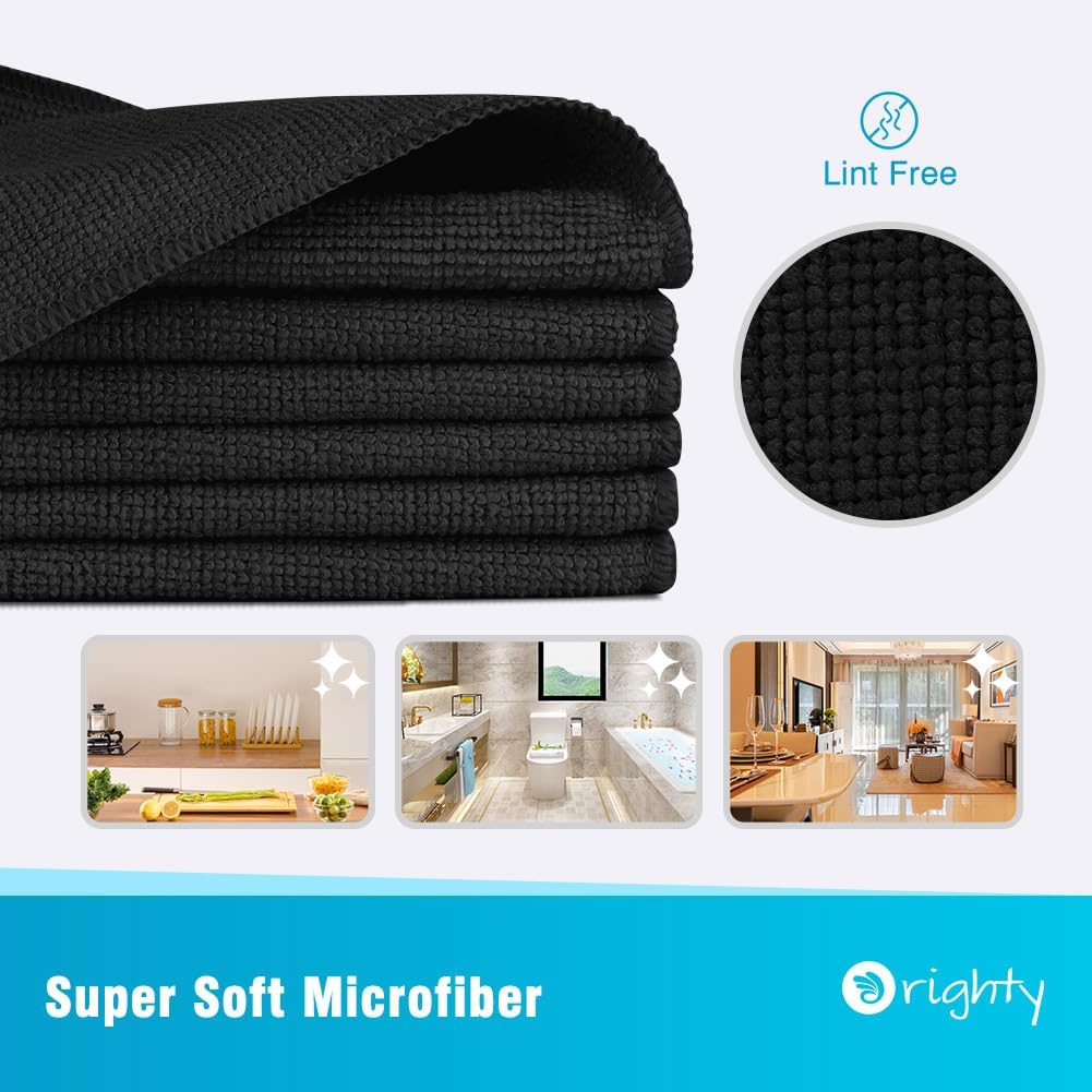 Orighty Microfiber Cleaning Cloth, 12 Pack Highly Absorbent Cleaning Supplies, Lint Free Cloths for Multiple-use, Powerful Dust Removal Clean Rags for House, Kitchen, Car Care(12x12 inch) Black