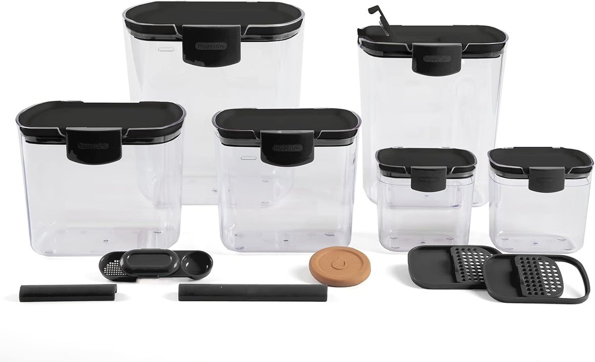 Progressive ProKeeper Baker's Airtight Kitchen Storage Canister Container Set for Flour, Sugar & More, Keeps Ingredients Fresh, with Accessories (Black, 6- Piece)
