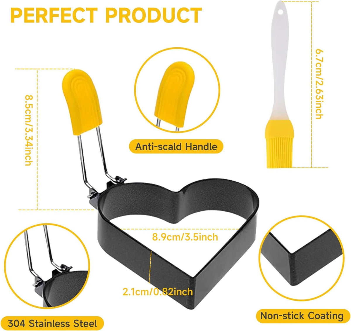 Egg Ring for Frying Eggs and English Muffin - Round Egg Shaper Mold with Anti-scald Handle - Stainless Steel Non-stick Egg Cooker Ring (Heart Shaped -2 Pack)