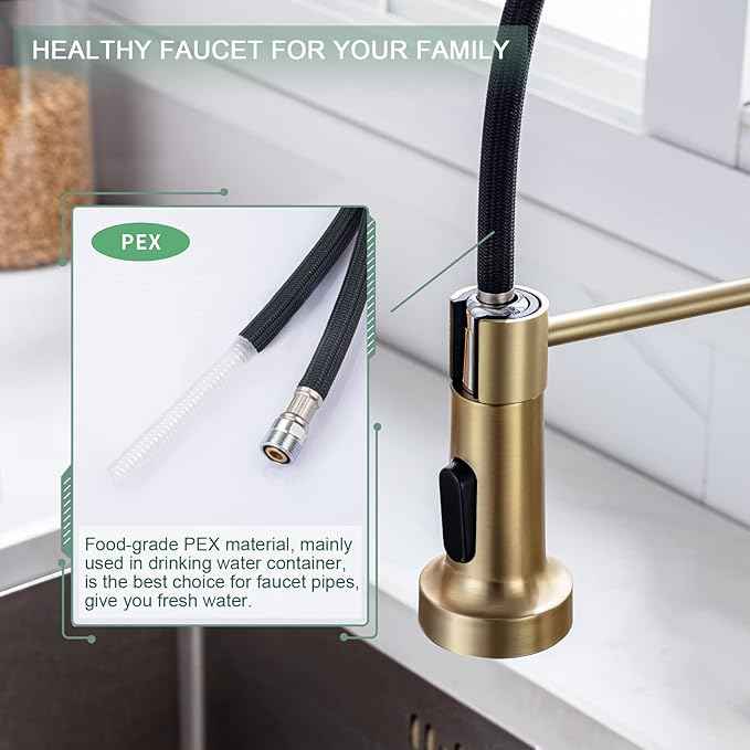 WEWE Brushed Gold Kitchen Faucet with Pull Down Sprayer, RV Brass Kitchen Faucet Stainless Steel Single Handle Spring Faucet with Deck Plate for Farmhouse Utility bar Laundry Sinks