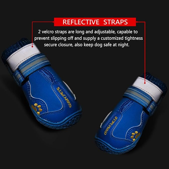 QUMY Dog Shoes for Large Dogs, Medium Dog Boots & Paw Protectors for Winter Snowy Day, Summer Hot Pavement, Waterproof in Rainy Weather, Outdoor Walking, Indoor Hardfloors Anti Slip Sole Blue 4