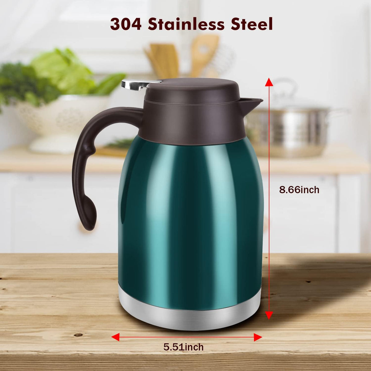 54oz Stainless Steel Thermal Coffee Carafe Dispenser, Unbreakable Double Wall Vacuum Flask 1.6L Water Tea Pot Beverage Pitcher for Hot Coffee for Christmas Carafe (Green)